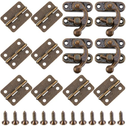 CALFOVERA 4 Sets Small Box Hinges Antique Bronze Right Latch Hook Hasp Mini Swing Arm Lock Latch Catch Clasp Replacement with Hinges and Screws for Wooden Wine Jewelry Box Gift Chest Suitcase