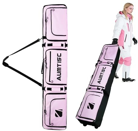 AUMTISC Snowboardtasche mit Rollen & Aufbewahrungstaschen, Gepolsterte Skitaschen verstellbare Länge (165-175 cm) und Verschließbarer Reißverschluss für Flugreisen