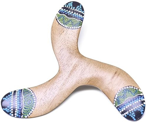 Australian Treasures Bumerang, Sky Blue, 3-Blas, Aboriginal Design, 22 cm, Stabiler Kunststoff, Geeignet für Anfänger