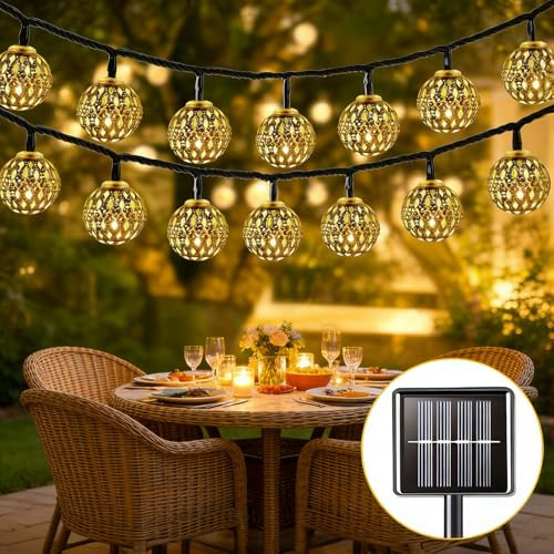 Marokkanischen Schnurlichter, Solar Lichterkette Aussen, Silber Kugel LED Lichterkette Solarlampen, 8 Modi & IP65 Wasserdicht, Solarbetriebene Gartenlampen für Balkon, Terrasse, Bäume- 12M 100LED