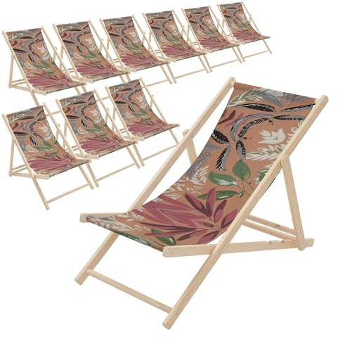 ECD Germany 10er Set Liegestuhl klappbar Floral Braun-Rot-Grün, Strandliege aus Holz, Sonnenliege mit verstellbarer Rückenlehne, Strandstuhl bis 120kg Gartenliege Relaxliege für Garten Balkon Terrasse