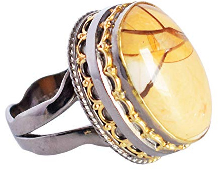 Ravishing Impressions Mookaite verstellbarer Ring, schwarz, rhodiniert, gelbvergoldet, Lünettenfassung, ovaler Cabochon, 22 x 14 mm, mehrfarbiger Edelsteinring, mutiger Statement-Schmuck, Geschenk für