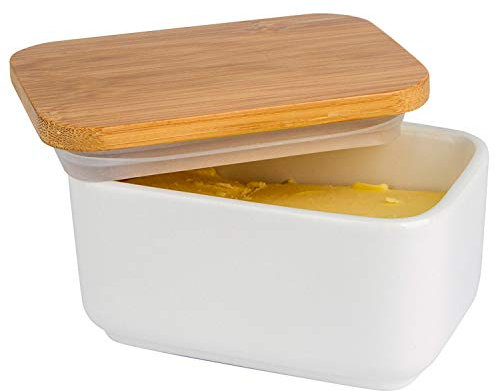 Arswin Porcelain Butter Dish with Lid,Ceramic Butter Dish with Bamboo Lip,Butter Keeper Container with Cover for Countertop or Refrigerator,Heat Resistant Kitchen Butter Storage Dish,White (300ml)