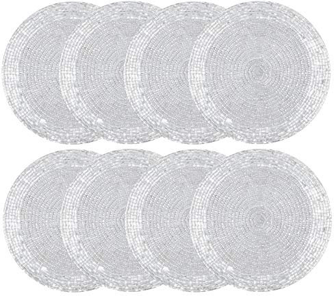 COTTON CRAFT Glitz Untersetzer mit Perlen, handgefertigt, rund, 10,2 cm, silberfarben, 8 Stück