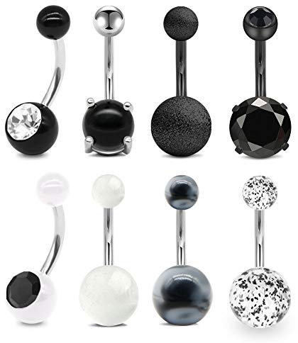Incaton Schwarz Bauchnabelpiercing Chirurgenstahl 10mm Bananabell Piercing Bauchnabel Ringe Piercing mit Kristall 8 Stück