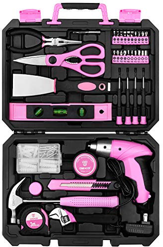 DEKO Ensemble d'outils à main 98 pièces avec boîte de rangement en plastique Rose