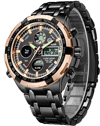 GOLDEN HOUR Luxe Acier Inoxydable Analogique Numérique Montres pour Hommes Hommes Sport De Plein Air Étanche Gros Bracelet Or Rose Noir.