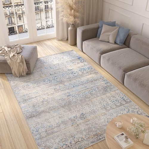 TAPISO Valley Teppich Kurzflor Grau Weiß Blau Vintage Boho 120 x 170 cm | Blumen Used Effekt Meliert Verwischt Wohnzimmer Schlafzimmer OEKO-TEX
