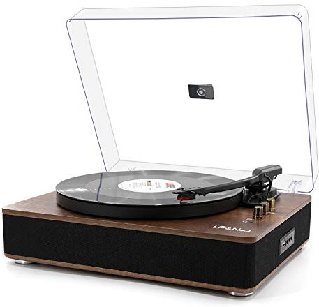 LP&No.1 Tocadiscos con Altavoces estéreo, Tocadiscos de 3 velocidades para Discos de Vinilo con reproducción inalámbrica y Parada automática, Madera de Nogal