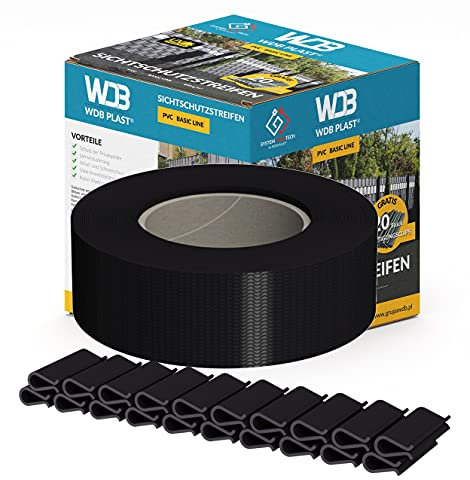WDB Basic Line - Bandes Brise-Vue en PVC pour Panneaux Double Fil - Brise-Vue pour clôture de Jardin - Clôture à Double Fil - 47,5 mm × 35 m + 20 Clips de Fixation - Rails de Serrage Noir