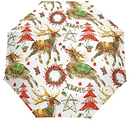 TropicalLife Umbrella Xmas Tree Deer Star Pattern Windproof 3 Fold Umbrella Auto Open Close for Women Men Girls Boys Unisex Ultralight Outdoor Travel Compact Umbrella