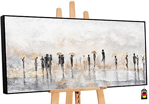 YS-Art XXL Abstrakt Acryl Gemälde auf Leinwand mit Rahmen Sommerregen handgemalte Wandbilder Wohnzimmer modern Wohndekor Regen Bilder echte Kunst 140x70 cm