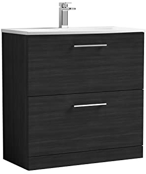 nuie ARN635G Arno Modern Bathroom Floor Standing 2 Drawer Vanity Unit with Curved Ceramic Basin, 800mm, Woodgrain Charcoal Black
