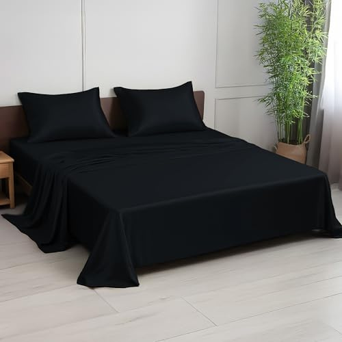 Set di biancheria da letto in bambù LINENWALAS, 300 fili, lenzuola in raso di seta rinfrescante con 1 lenzuolo con angoli, 1 lenzuolo piano e 2 federe per cuscini (matrimoniale, nero ebano)