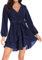 PCEAIIH Women's Cocktail Dresses Short/Long Sleeve Empire Skater Dress Deep V-Neck Waist Tie Ruffle Mini Swing Dresses 2XL Navy