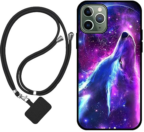 Sunrive Hülle Kompatibel mit iPhone 11 Pro Case,matt Handyhülle Schutzhülle Etui Karikatur Muster TPU Backcover (Wolf,Mond,Sterne) +1x Universale Handykette MEHRWEG