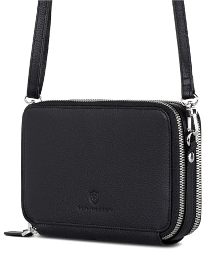 VON HEESEN Leder Geldbörse mit RFID-Blocker - Portemonnaie für Damen & Herren aus echtem Leder - Wallet mit Münzfach - Geldbeutel mit abnehmbarem Schultergurt für Frauen und Männer in Schwarz