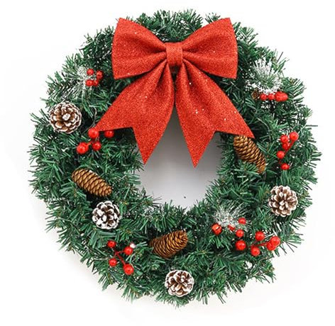 Herfair Weihnachtskranz, Türkranz mit Tannenzapfen Schleife und Beeren, Künstlicher Weihnachten Dekokranz Adventskranz, Weihnachtsdeko für Wand Haus Fenster (60 cm/ 23.6 in)