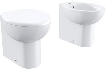 Sanitari in Ceramica Filomuro Vaso Bidet Con Brida Bianco Lucido Sedile Copri-wc Mod. Doha