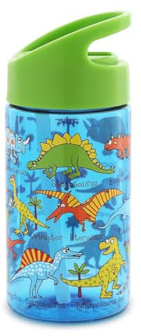 Tyrrell Katz Kids Dinosaur Printed Flip Top Drinking Bottle in Blue with Straw - Dishwasher Safe Lightweight Children's School Water Flask - 400 ml
