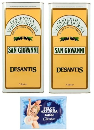 2er-Pack De Santis San Giovanni Olio Extra Vergine di Oliva,Natives Olivenöl Extra,Ideal für alle Anwendungen in der Küche,5Lt Dose + 1er-Pack Kostenlos Felce Azzurra Talkumpuder, 100g-Beutel