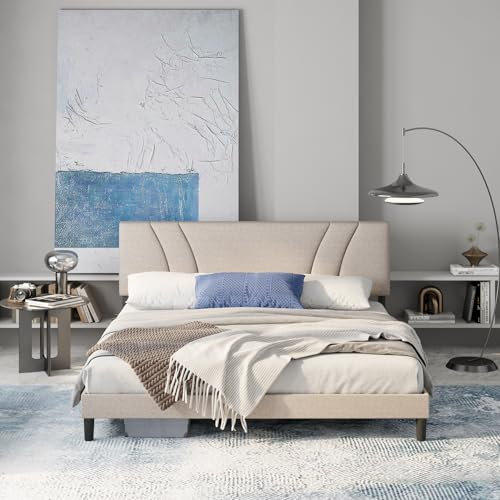 Avenco Polster Bettgestell 140 x 200 cm, Bettgestelle mit Kopfteile und Holzlattenunterstützung, Doppelbett, Einfache Montage, Beige