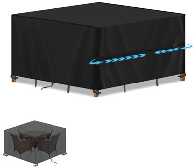 SIMPHAUS Square Garden Table Covers Waterproof,Outdoor Furniture Covers for Dining Table and Chairs Set,Rattan Garden Furniture Cover with Drawstring,Anti UV Outdoor Coffee Table Cover 140x140x90cm