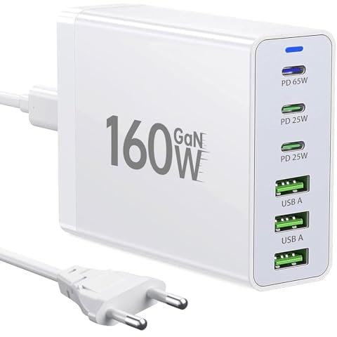 USB C Ladegerät,160W GaN 6 Port Mehrfach Ladestation,Schnellladegerät PD USB C Desktop Ladegerät kompatibel mit iPhone/Samsung/Xiaomi/Tablet/Smartwatch/Kopfhörer