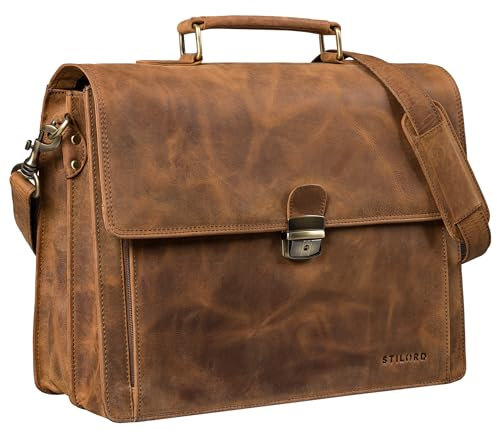 STILORD 'Stanley' Briefcase Men Leather with Lock for 17 Inch Laptop Business Bag Genuine Leather Vintage Mens Laptop Bag Large Shoulder Bag XL, Colour:sepia - brown plain
