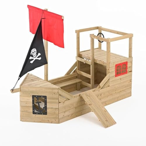 TP Toys Pirate Galleon Wooden Playhouse, Includes Steering Wheel. FSC Certified Timber - Fun Sturdy Outdoors Garden Wendy House. Pirate Design, Outdoor Play, Wooden Den Playhouse - Age 3 Years+