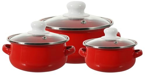 OKUMEYR 3pcs Enamel Pot Dual Sauce Pan with Handle Stew Double Ear Soup Pot Saucepan Enamel Soup Pot Pasta Cooking Pot Enamel Cookware Enamel Simmers Pot on Pots Red Boiler Metal