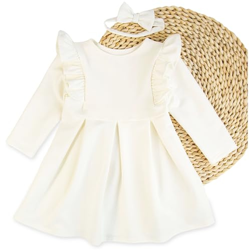 CiuchCiuch Taufkleid Mädchen mit Stirnband – Elegantes Baby Kleid aus 95% Baumwolle – Taufe & Festtagskleidung für Säuglinge – Rüschen, Kellerfalten & Schleife – Bequeme Babymode