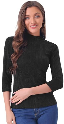 Allegra K Damen Glitzer Shirt Langarm Stehkragen Metallic Streifen Pailletten Pullover Oberteile Bluse Schwarz M