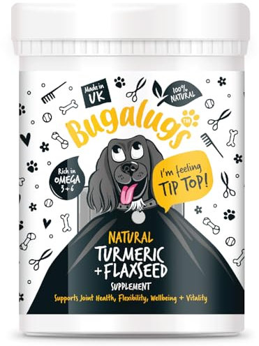Bugalugs Natural Turmeric & Flaxseed Supplement joint health support, anti-itch treatment, stop moulting. Omega 3 for dogs, cold pressed, immunity supplements, skin, hair & coat (200g Powder)