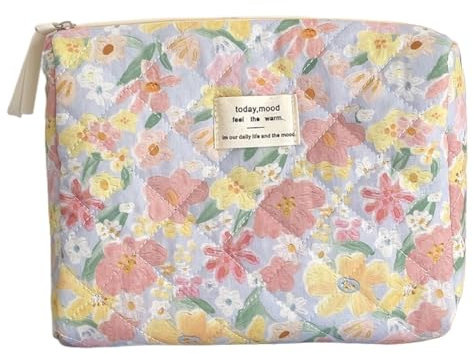 Trousse de Toilette Matelassée Femme en Coton Doux,Trousse de Maquillage Fleurie,Pochette de Rangement Maquillage,Pochette Matelassée Maquillage,Trousse Cosmétique de Voyage (A-Pochette)