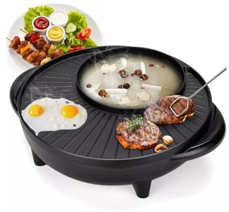 hxoity 1700W Multifunktions-Rauchloser Shabu Koreanischer BBQ-Grill 2 In 1 Elektrogrill Und Hot Pot Mit Einstellbarem Temperaturregler Zum Köcheln, Kochen, Braten, Roas(L)