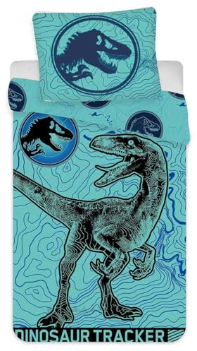 Jerry Fabrics Jurassic World Kinderbettwäsche Leuchtmotiv Velociraptor Dinosaurier Urzeitmonster Bettwäsche 140 x 200 cm + Kopfkissen 70 x 90 cm 100% Baumwolle