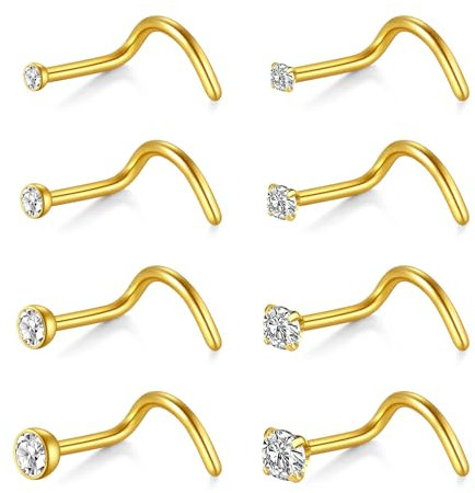 NIUSIMAN 8 Stück Nasenpiercing Gold Chirurgenstahl,22 Gauge Nasenpiercing Stecker Schraube Screw förmige Nase Piercing Set dünn Nase Piercing Schmuck Frauen Mädchen Männer
