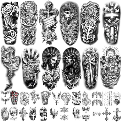 77 Feuilles de Croix Chrétienne Tatouage Temporaire pour Femmes et Hommes, 17 Demi Bras Dieu Religieux Jésus Faux Tatouages, 60 Anges Christ Noir Petits Corporels Adultes Autocollants Réalistes