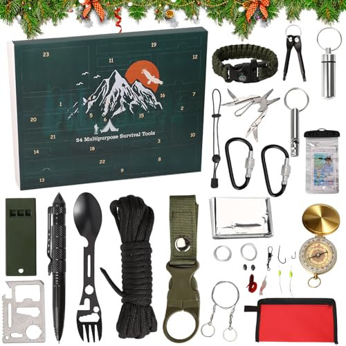 Adventskalender mit mechanischen Werkzeugen und Überlebenshilfen für Männer, Erwachsene und Jugendliche, Survival-Ausrüstung (D)