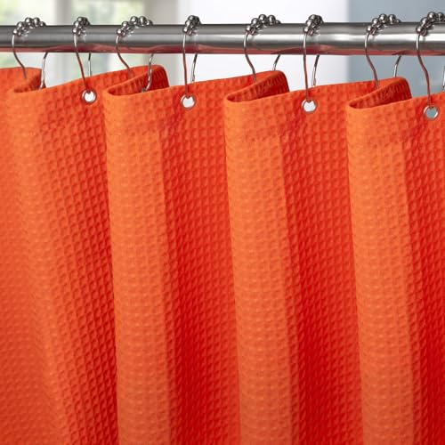 VANZAVANZU Waffel Duschvorhang mit Metall Duschvorhangringe Stoff Textil Badewannenvorhang Anti Schimmel Bad Vorhang Set Wasserdicht Schwerer Badewanne Vorhang - 122 x 182cm (Orange)