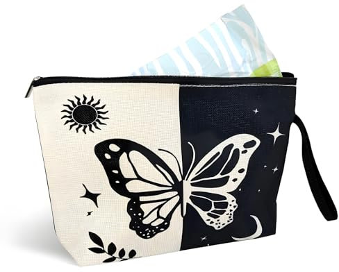 Tampon aufbewahrung, große Kapazität Schmetterling Schwarz Weiß Weiche Sanitäre Taschen Multifunktionale kosmetische Tasche mit Reißverschluss und Griff für Frauen Teen Girls