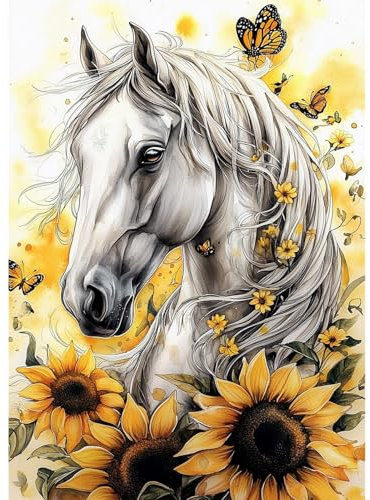 GHHKUD Pferd Sonnenblumen Diamond Painting für Erwachsene, 5D DIY Diamant Painting Bilder für Erwachsene Anfänger, Diamond Art Painting Set, Full Drill Diamant Malerei für Haus Dekoration 30x40 cm