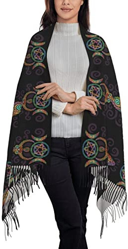 CHJDOFong Wicca-Schal mit Dreifachmond-Gaia-Muster, langer Schal, Pashmina für Frauen und Mädchen mit Quasten, weich, warm, gemütlich
