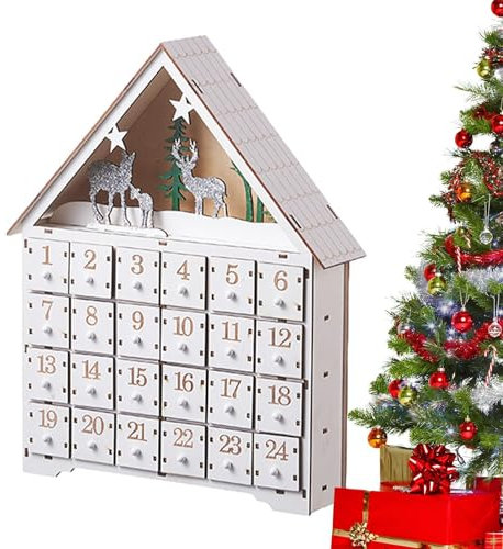 Djowyh Calendario 'Avvento di Natale in legno Casa, Calendario 'Avvento natalizio in legno bianco con 24 cassetti e luci a LED, Decorazione natalizia a LED per decorazioni natalizie