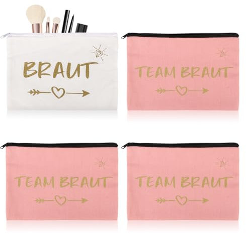4 Stück JGA Beutel Set Team Braut Make Up Tasche Set Weiß Brauttasche 3 Rosa JGA Accessoires Frauen Turnbeutel Team Braut 22×15cm Für Hochzeit Junggesellenabschied Party