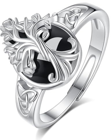 EUDORA Harmony Ball Anello in Argento Sterling 925 con Albero Della Vita in Ossidiana per Donne e Uomini, Anello Regolabile con Cristallo a Goccia Banda Aperta, Gioiello Amuleto Regalo per la Mamma
