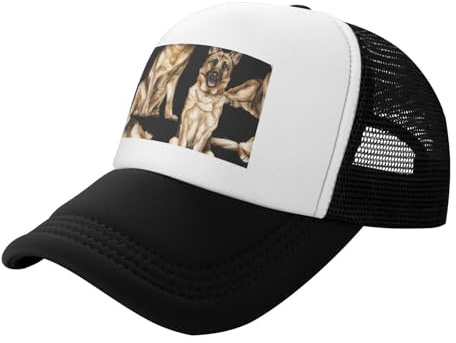 WSHFFILO Trucker-Mütze, Motiv: Deutscher Schäferhund, verstellbar, Netzstoff, Baseballkappe, Sportmütze, Schwarz , 5-7