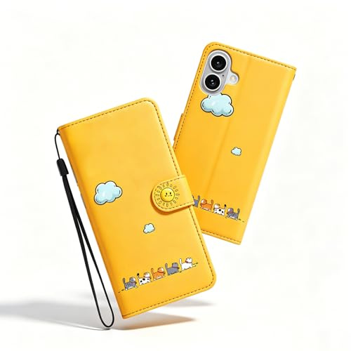 Nbziyoo Cute Cat Flip Wallet Case For iPhone 17, Yellow | Magnetic wallet flip case, with stand & card, scratch-proof wear-resistant leather, drop-proof corner guards, wrist strap