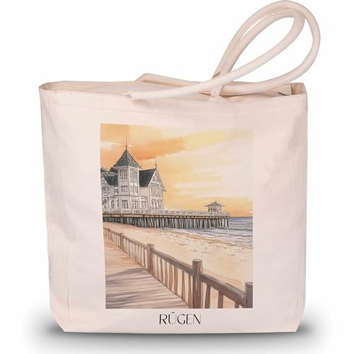 favplace Shopping Tasche mit Städtemotiv Seebrücke Sellin Rügen Tote Bag - Shopper bzw. Einkaufstasche für Fernweh oder Heimat - Reise Daybag - Jutebeutel